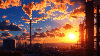 Industrial sunset over factory landscape energy production site vibrant skies scenic view