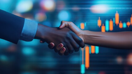 African business people engaging in a handshake with a stock market chart featuring candlesticks in the background.