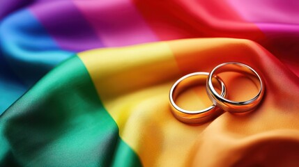 Celebrating love same-sex wedding rings on rainbow flag lgbtq+ pride intimate moment