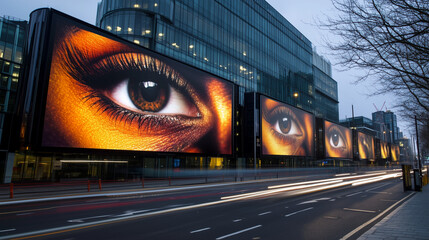 A large billboard with eyes on it is located in the city center