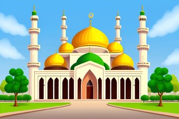 Obraz premium Beautiful and colorful illustration of a mosque with trees, flowers and peaceful sky, amazing, serene, tranquil, vibrant