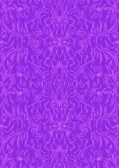Hand-drawn abstract seamless ornament. Neon purple (proton purple) background and glowing pink pattern on it. Cloth texture. Digital artwork, A4, vertical. (pattern: p11-1d)