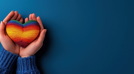 Embracing love rainbow heart symbol hands still life vibrant background close-up