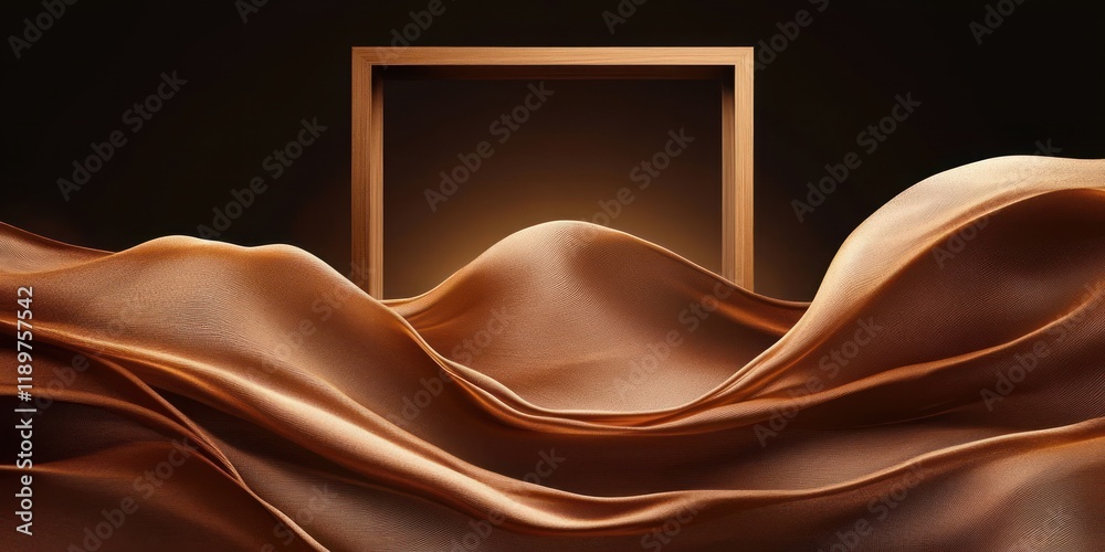 Poster luxury display podium with wooden frame and flowing chocolate silk fabric in soft warm lighting