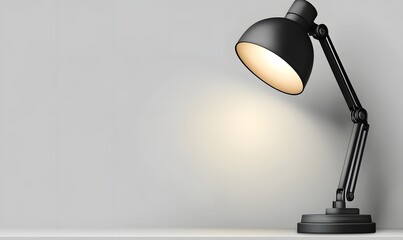 Black desk lamp illuminated against a gray wall.