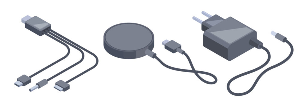 Isometric adapters. Mobile phone chargers, adapters and electronic charging equipment 3d vector illustration. Electric usb adapters on white