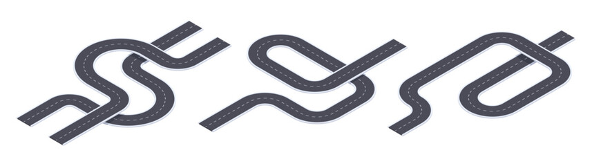 Isometric crossroads. Urban winding roads, roadmap pathway 3d vector illustration set. City intersection paths