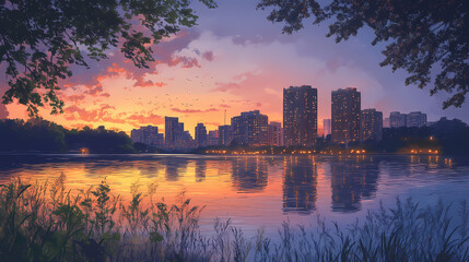 Fototapeta premium City lakeshore twilight lightscape. Lakeshadow. Illustration