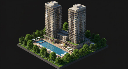 Fototapeta premium 3D model of a modern twin-tower complex with a pool and surrounding greenery.