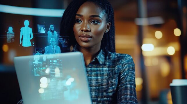 An attractive African American businesswoman engages in a video conference call using a laptop, while her business colleagues appear as holographic digital interfaces.