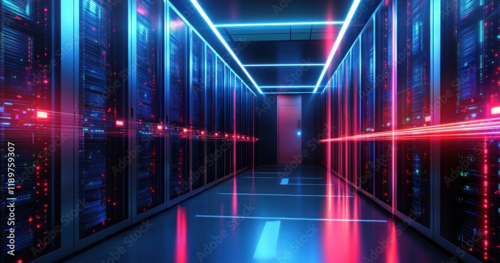 Aufkleber futuristic server room with neon lights and reflective surfaces in cyberpunk style