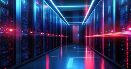 Futuristic Server Room with Neon Lights and Reflective Surfaces in Cyberpunk Style