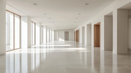 Fototapeta premium An empty office hall featuring a clean white color scheme combined with natural wooden accents, creating a professional and inviting space.