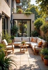 Modern patio furniture surrounded by plants in sunny outdoor setting