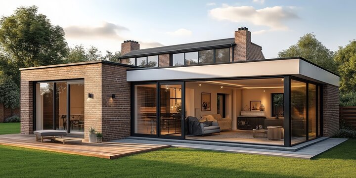 Modern UK house extension with brick exterior. Open plan living space visible through large glass doors. Spacious garden area with wooden deck. Contemporary style home improvement. Residential