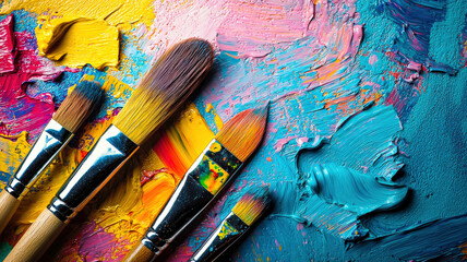 Fototapeta premium A vibrant art studio filled with colorful canvases, scattered brushes, and creative energy—perfect for themes of inspiration, artistic expression, and creative workspaces