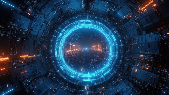 Futuristic Cyberpunk Cityscape with Glowing Circular Portal and Neon Lights