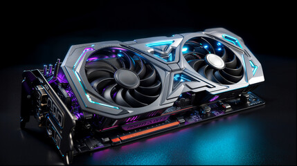 design of a futuristic ultra gaming GPU graphics card with RGB light, professional video card. designed for high-performance, high-resolution gaming and workstation	