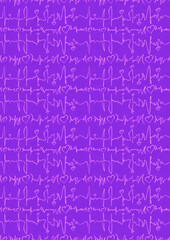 Hand-drawn abstract seamless ornament. Hearts and ribbons in cardiogram style. Neon purple background and glowing pink pattern on it. Cloth texture. Digital artwork, A4, vertical. (pattern: pv03e)