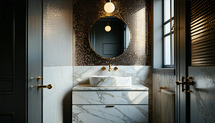 A petite powder room featuring a wall covered in metallic mosaic tiles, a floating marble sink, and