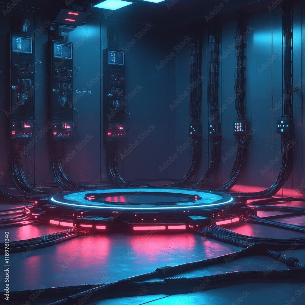 Poster futuristic glowing podium on cyberpunk laboratory floor abstract technology display