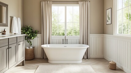 Fototapeta premium A beige bathroom featuring a bathtub, showcasing a warm and neutral color scheme with a focus on simple elegance and comfort.