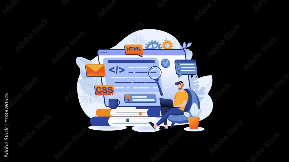 Poster a man focused on coding, surrounded by books and tech elements, representing programming and web dev