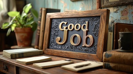 A decorative sign reading "Good Job" placed on a rustic desk with notebooks and a pen, conveying encouragement and positivity.