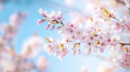 Beautiful spring cherry blossoms on branch against light blue sky. Delicate pink flowers in full bloom create beautiful scene. Perfect image for nature lovers, spring enthusiasts. Cherry blossoms