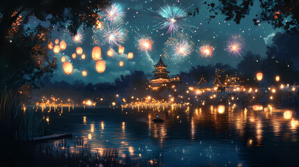 a serene lakeside with glowing lanterns and colorful fireworks reflected in the water. Lakeshadow. Illustration