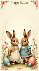 Fototapeta premium Charming vintage Easter art featuring bunnies in old-fashioned clothes, floral borders, and decorative eggs. Soft beige tones evoke nostalgia, ideal for greeting cards or collectible prints.