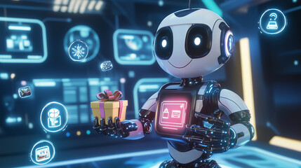 Obraz premium ギフトを届ける未来のロボットAIのイメージイラスト