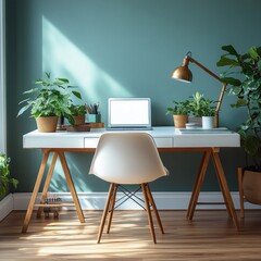Modern Minimalist Workspace with White Desk Wooden Legs Plants Natural Light Scandinavian Design