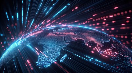 Futuristic Digital World Map in Cyberpunk Style with Neon Lights and Dynamic Motion Lines