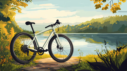 A modern hybrid bicycle with a lightweight frame parked near a scenic lakeside trail. Lakeshadow. Illustration