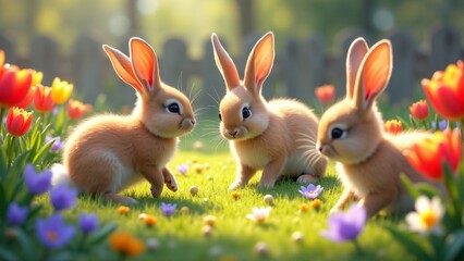 Obraz premium Bunnies frolicking in a vibrant garden of tulips, daffodils, and violets under warm sunlight. A colorful, cheerful spring scene perfect for Easter décor and holiday illustrations.