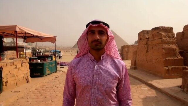 A man wearing a pink shirt and a turban stands in front of a tent. The man is smiling and he is enjoying his time