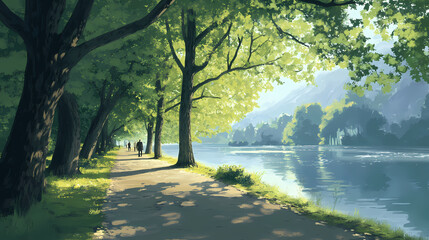 A peaceful lakeside path where individuals walk and take in reflections of trees on the water. Lakeshadow. Illustration