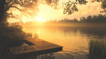 A peaceful lakeside view with a dock and the soft golden light of sunset creating a tranquil atmosphere. Lakeshadow. Illustration