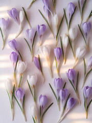 Crocuses: soft purple and white crocuses with delicate, light green stems and leaves, arranged in an unstructured, free-flowing pattern across an ivory-tinged white background