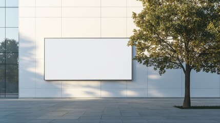 Fototapeta premium A blank billboard on the facade of a modern building in daylight, designed as a mockup for outdoor advertisement.