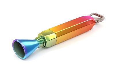 Colorful metallic tool with a nozzle and ring.