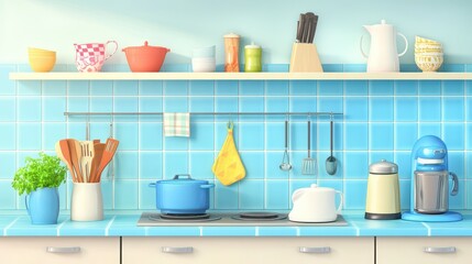 A blue tile home kitchen interior features a stylish counter and an array of kitchenware, with ample empty copy space for customization.