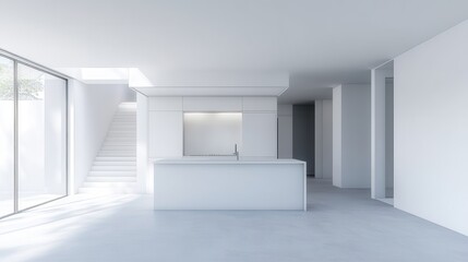A bright and airy kitchen interior with a clean, empty white wall.