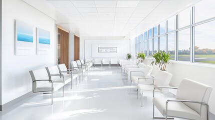Fototapeta premium Bright white waiting room interior with minimalist design, featuring sleek furniture and a modern aesthetic.