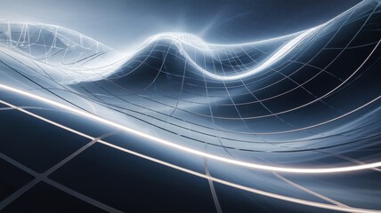 A mesmerizing digital landscape with flowing waves of light and intricate grid lines, creating a sense of depth and movement in a futuristic setting.