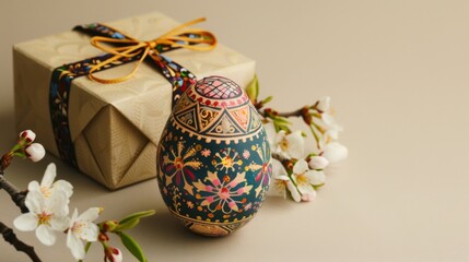 Beautifully decorated egg beside gift box and cherry blossoms, symbolizing spring and celebration. intricate patterns and colors evoke sense of artistry and tradition