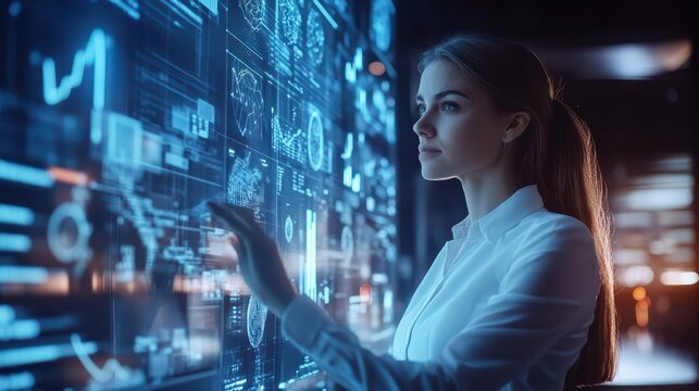 A businesswoman interacts with a biometric scanning device, while digital holograms and statistical data are displayed around her.