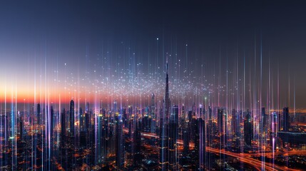 A captivating night city panorama, enhanced with a glowing network hologram that overlays the cityscape, symbolizing digital connectivity and technological advancement.