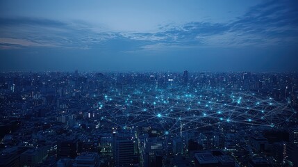 A captivating night city panorama, enhanced with a glowing network hologram that overlays the cityscape, symbolizing digital connectivity and technological advancement.